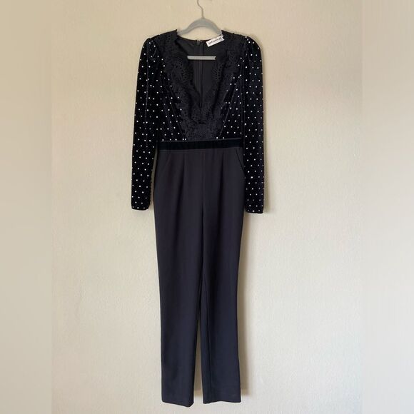 Self Portrait Guipure Black Jumpsuit Lace Trimmed Embellished Size 4 - Picture 14 of 17